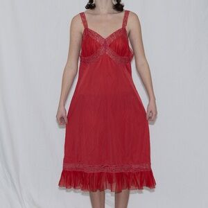 Vintage 70s red lacy slip dress size Large/XL kayser nylon